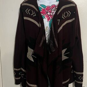 Burgundy Black Gold Tribal Print Open Front Sweater